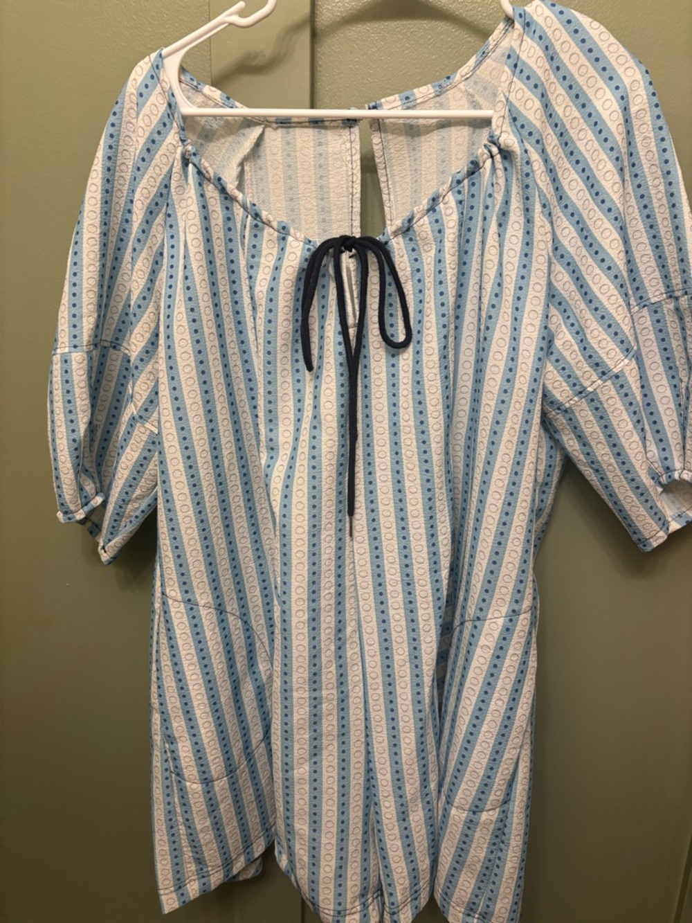 Blue and White Striped Peasant Blouse with Tie